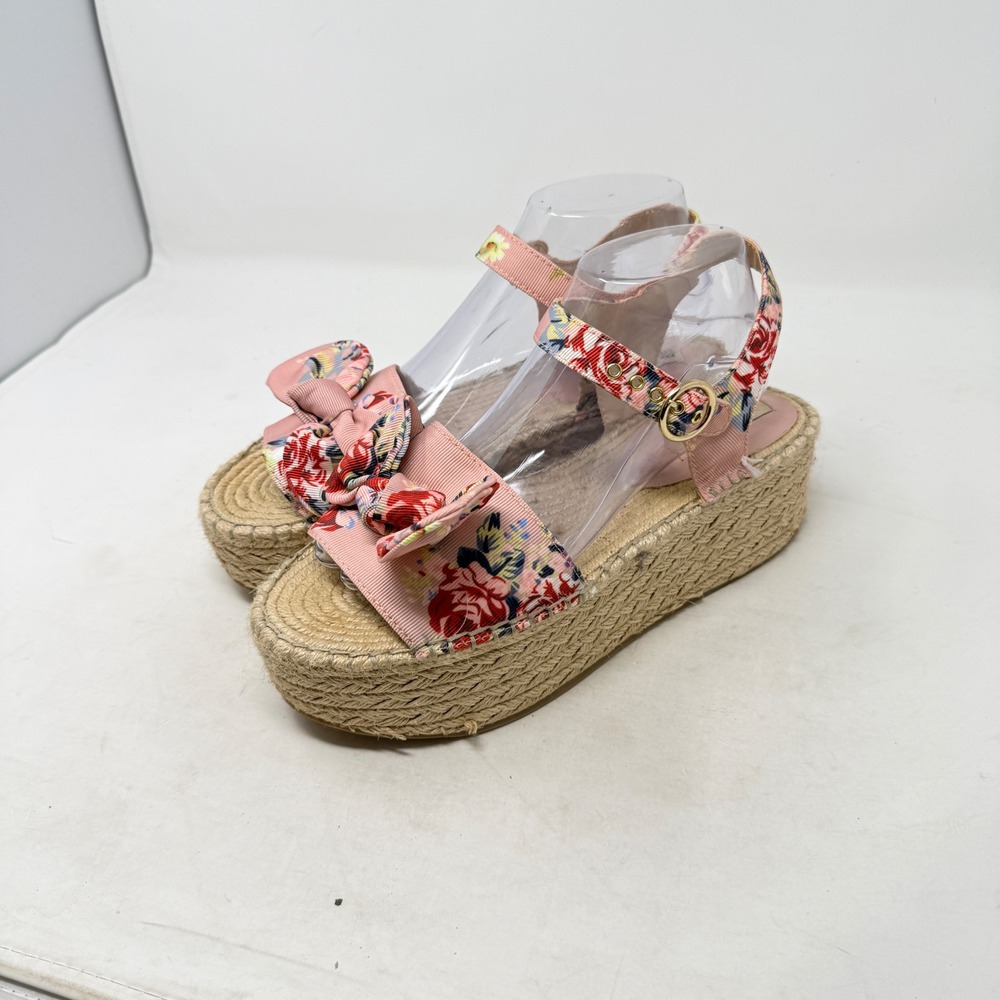 Steve Madden Union Platform Sandals Pink Floral 10M Espadrille Bow Wedge
